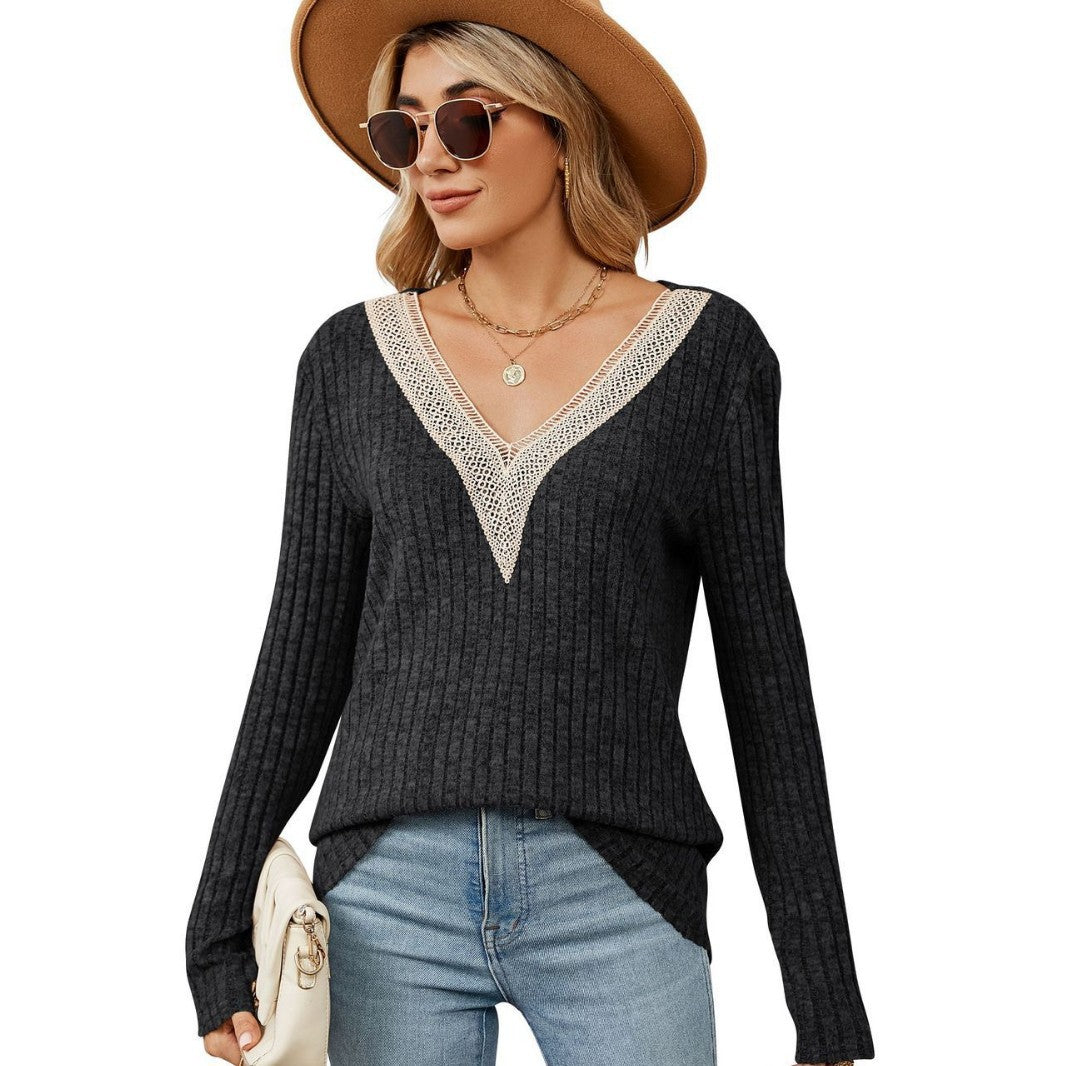 Damen Strickpullover mit V-Ausschnitt und romantischer Spitze Drune