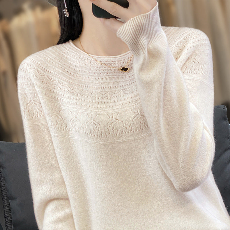 Damen Rundhals-Feinstrickpullover mit strukturierter Passe und Kaschmir-Optik Drune