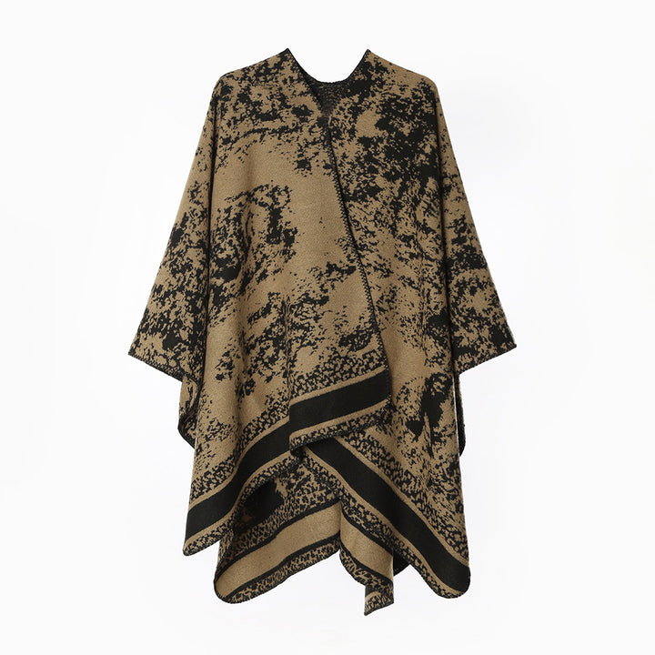 Damen Wollmix-Umhang im Poncho-Stil mit abstraktem Mélange‑Jacquard und Bordürenstreifen Drune