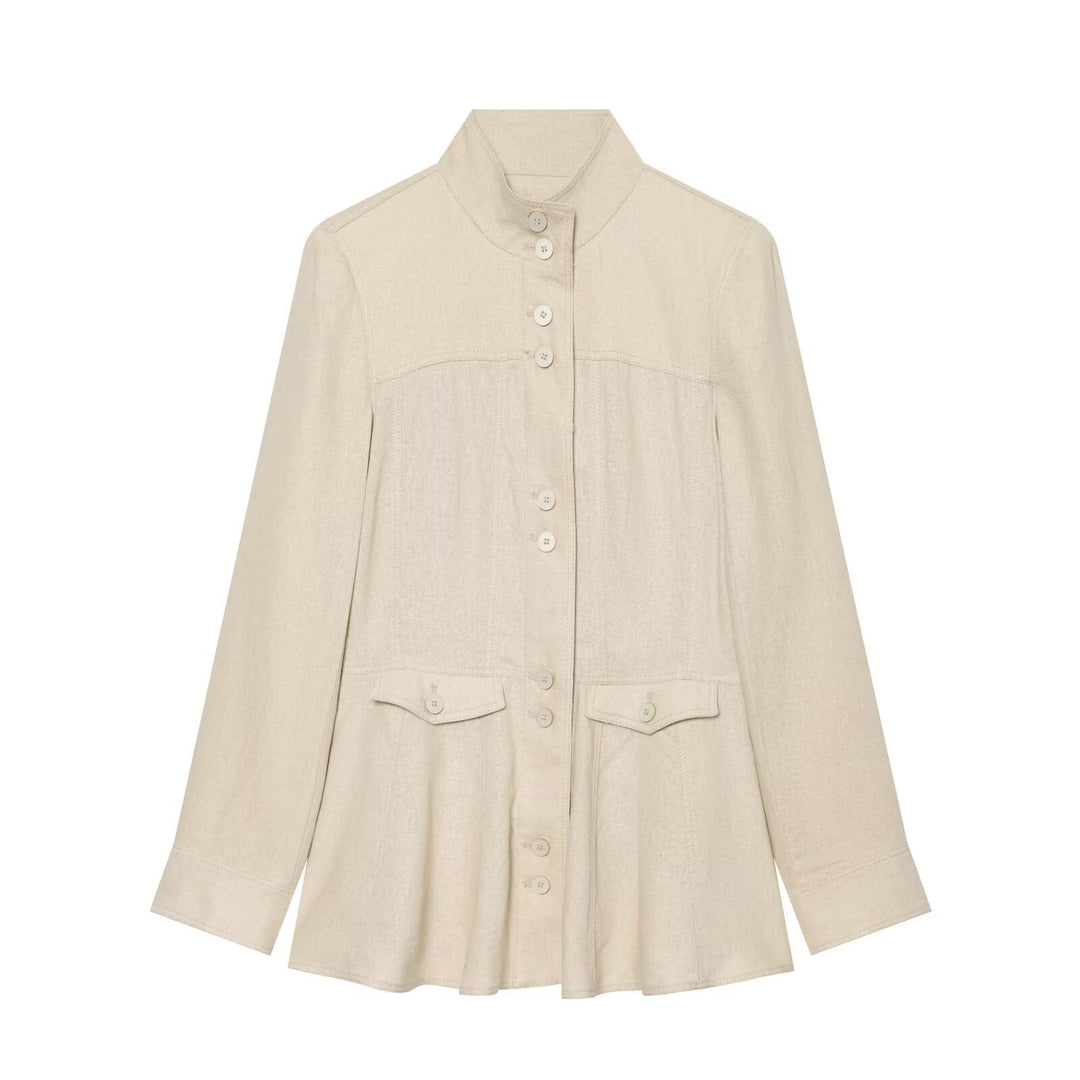 Damen Leichte Leinenoptik Hemdjacke mit Stehkragen, Knopfleiste und ausgestelltem Saum Drune