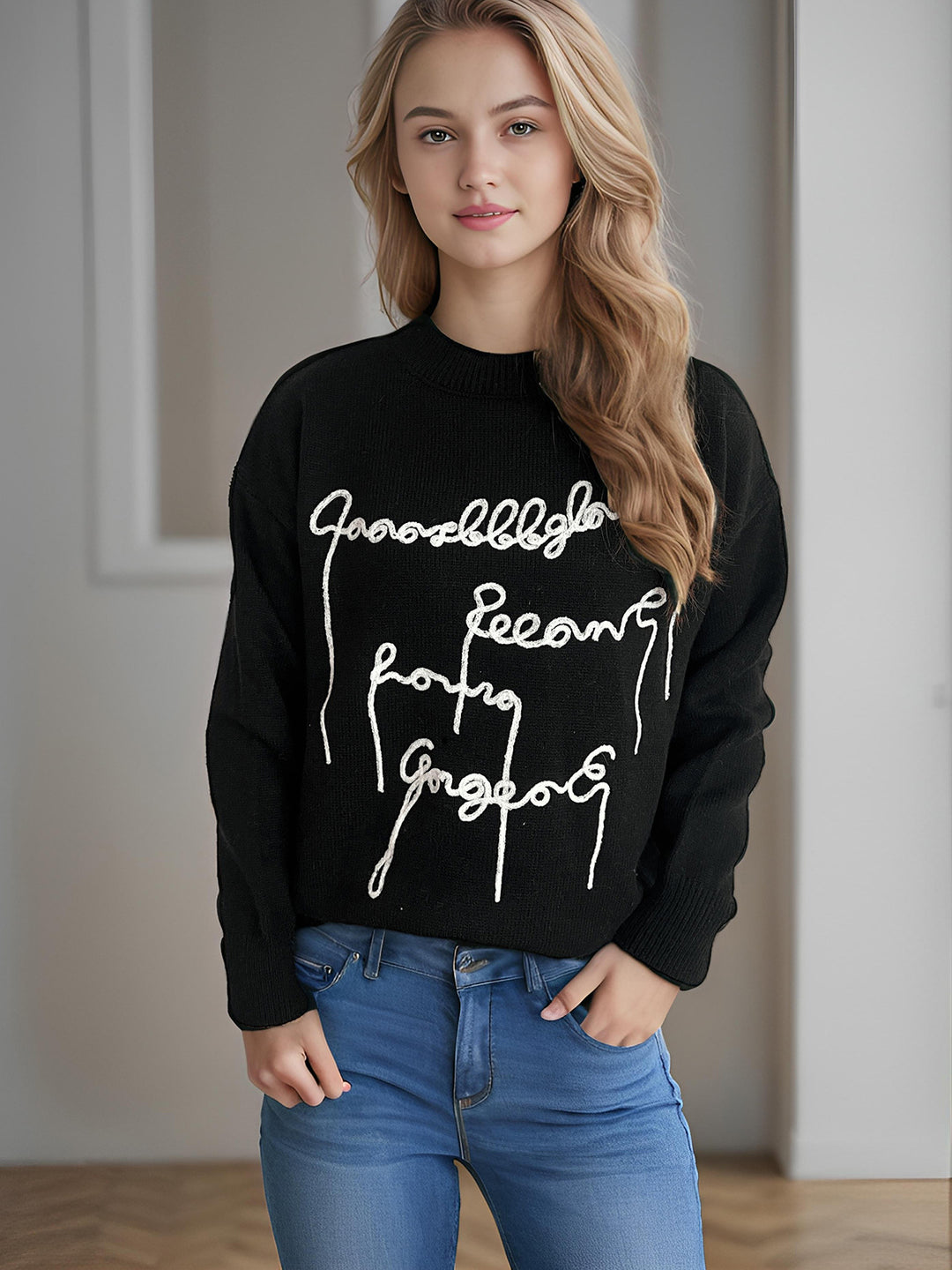 Damen gemütlicher Oversized-Pullover mit kunstvollem Schriftzug Drune