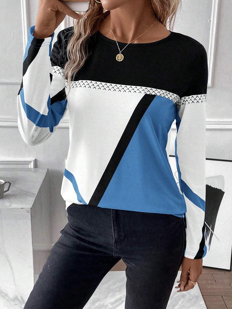 Damen Langarmshirt mit geometrischem Blockprint und Rundhalsausschnitt Drune