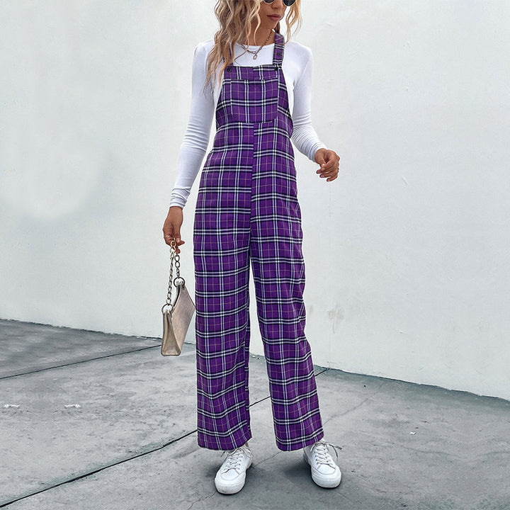 Damen Lässiger Karierter Jumpsuit mit breitem Bein und verstellbaren Trägern Drune