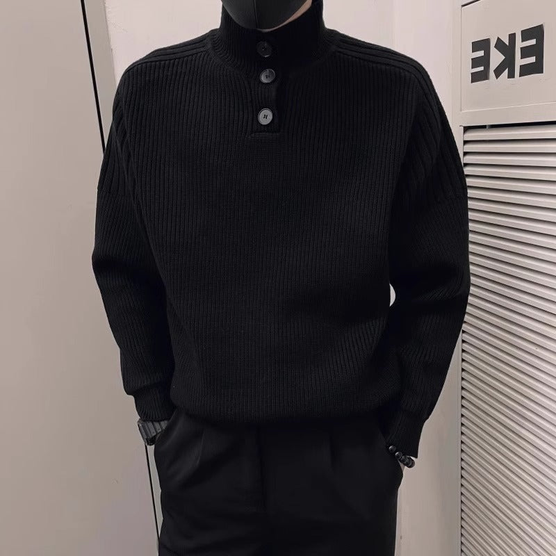 Herren Relaxed Rippstrick‑Pullover mit Halbknopf‑Stehkragen Drune