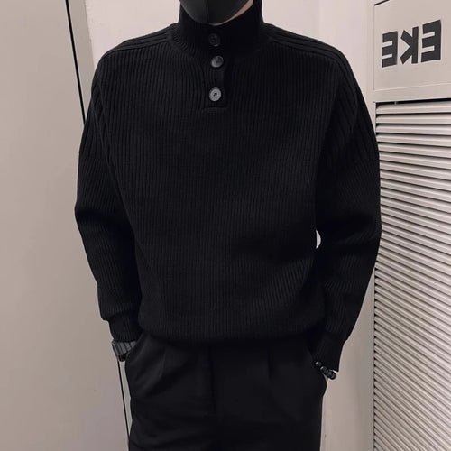 Herren Relaxed Rippstrick‑Pullover mit Halbknopf‑Stehkragen Drune