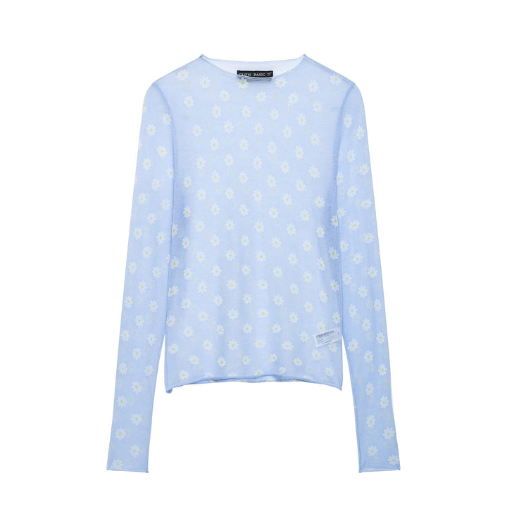 Damen Feines transparentes Mesh-Longsleeve mit Allover-Gänseblümchenprint und Rundhalsausschnitt Drune