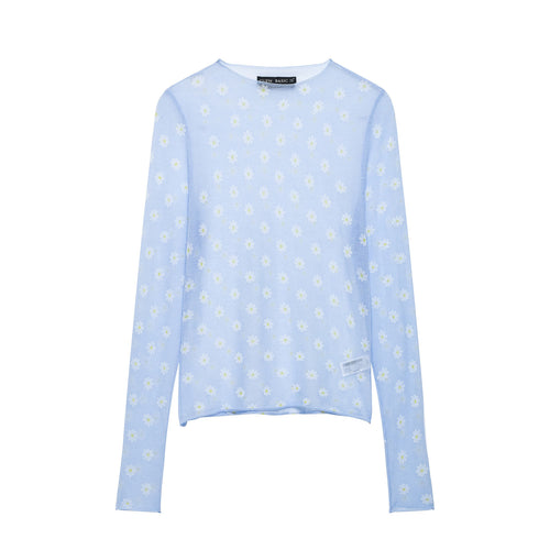 Damen Feines transparentes Mesh-Longsleeve mit Allover-Gänseblümchenprint und Rundhalsausschnitt Drune