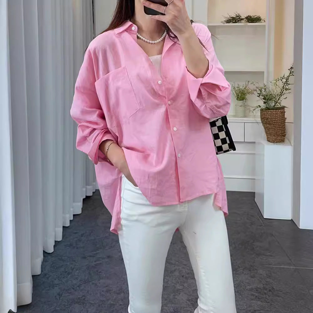 Damen Lässige Oversized-Hembluse mit Brusttasche und subtiler Struktur Drune