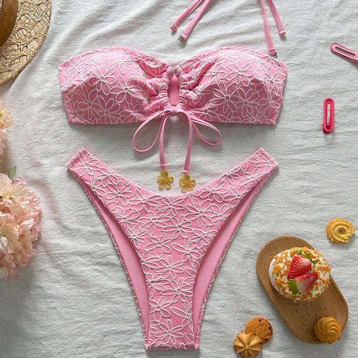 Damen Bandeau-Bikini mit floralen Applikationen Drune