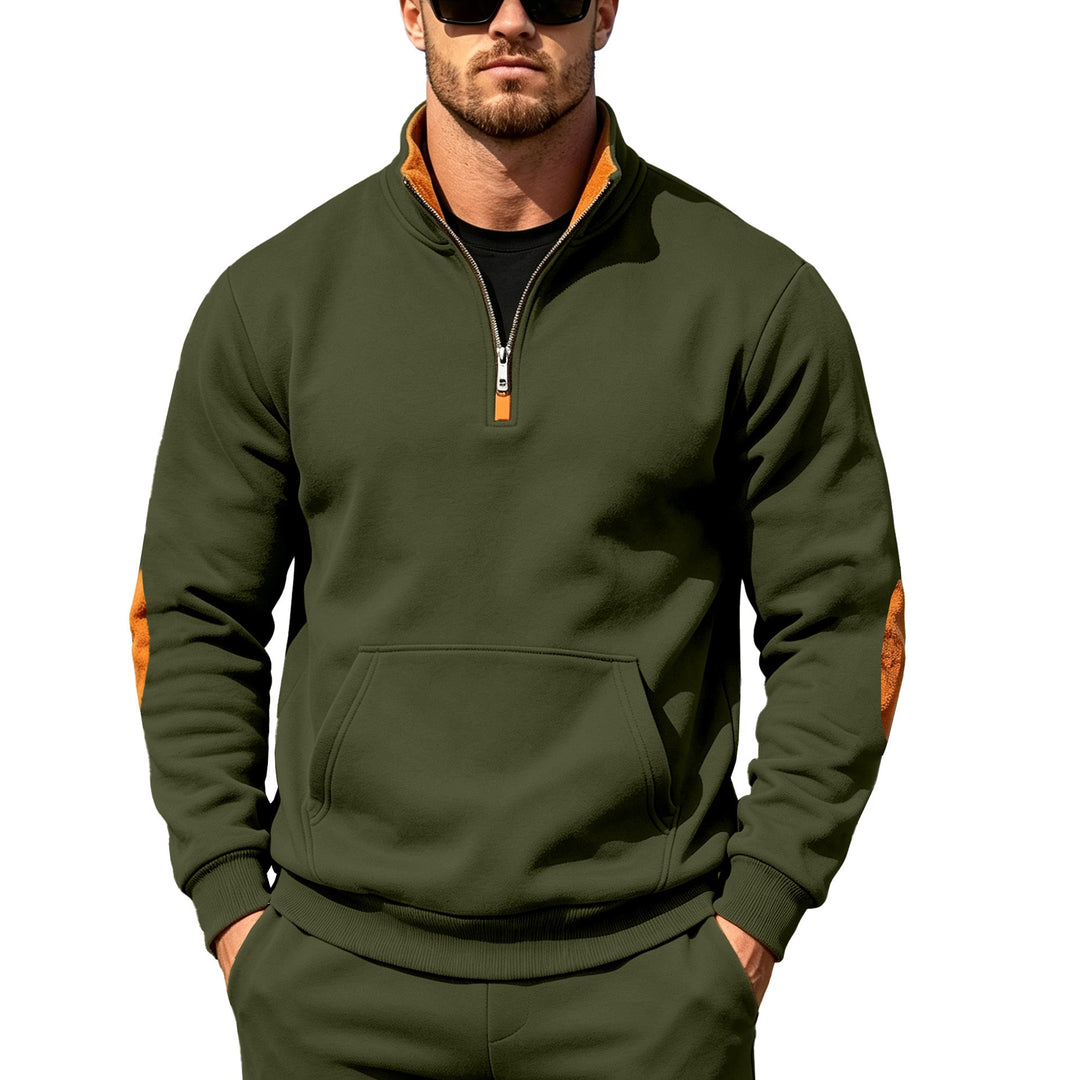 Herren Athletisches Halbzip-Sweatshirt mit Ellenbogenpatches und Kängurutasche Drune
