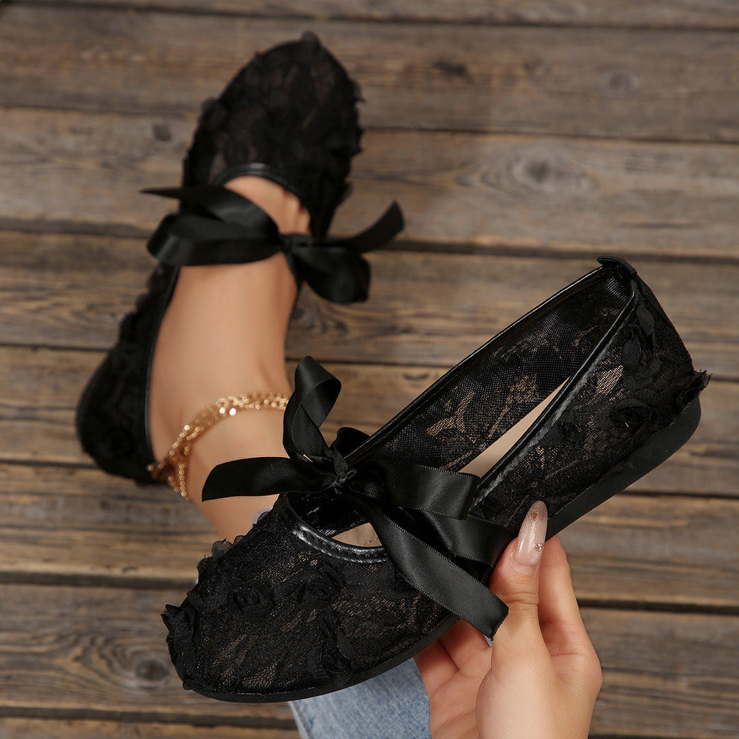 Damen Elegante Spitzenschuhe mit dekorativen Schleifen und funkelnden Akzenten Drune