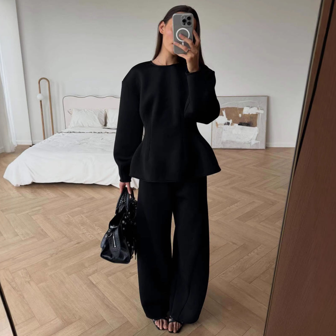 Damen Tailliertes Peplum-Oberteil mit Wiener Nähten und weitem Lounge-Hosen-Set Drune