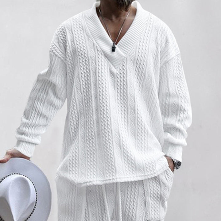 Herren Oversize-Zopfmuster-Pullover mit tiefem V-Ausschnitt Drune