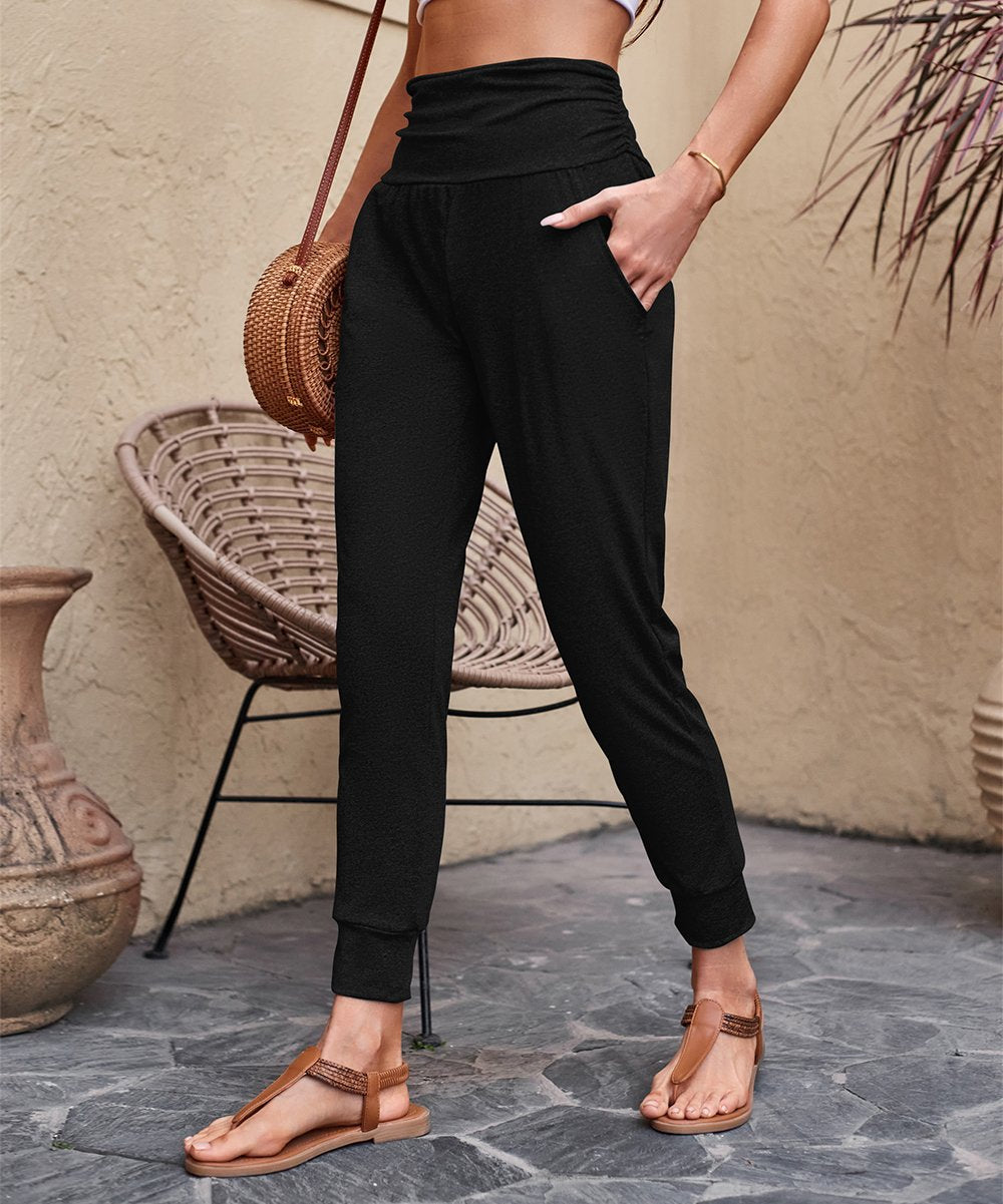 Damen Hochtaille Jogginghose mit breitem Bund, Eingrifftaschen und schlank zulaufendem Bein Drune