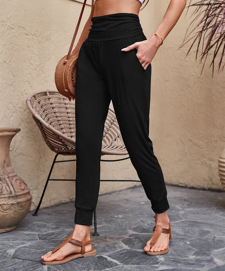 Damen Hochtaille Jogginghose mit breitem Bund, Eingrifftaschen und schlank zulaufendem Bein Drune