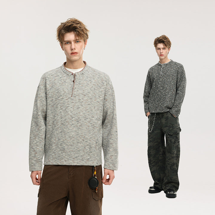 Herren Strick‑Henley mit Melange‑Struktur, Knopfleiste und relaxed Fit Drune