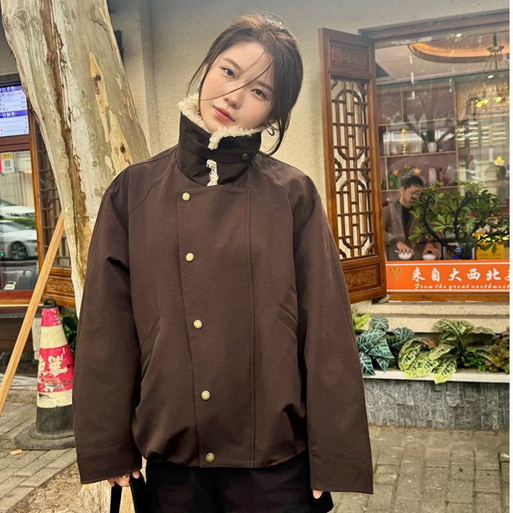 Damen Kurze Oversize-Boxy-Jacke mit Teddykragen und Druckknopfverschluss Drune