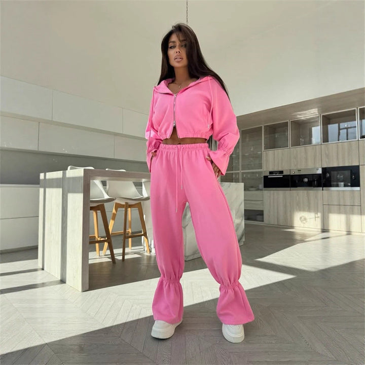 Damen Cropped-Kapuzenjacke mit Reißverschluss und taillierter Tunnelzug-Jogginghose Drune