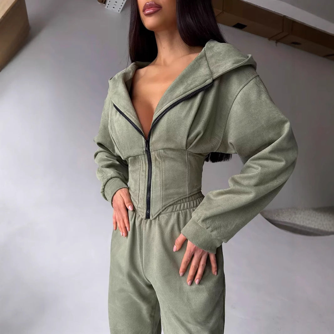 Damen Figurschmeichelnder Jumpsuit mit tailliertem Design und sportlicher Kapuze Drune
