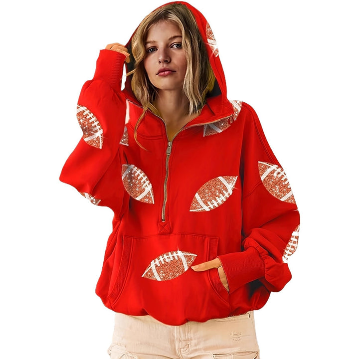 Damen Oversized Kapuzenpullover mit halbem Reißverschluss und Pailletten‑Football-Applikation Drune
