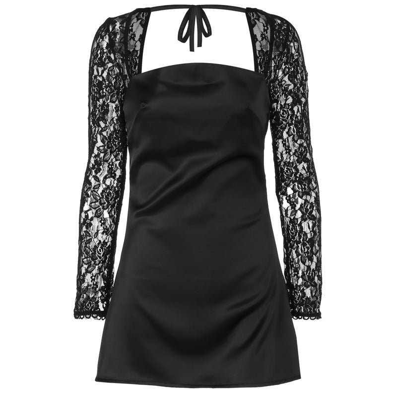 Damen elegantes Kleid mit luxuriösen Spitzenärmel und schickem Rückenverschluss Drune