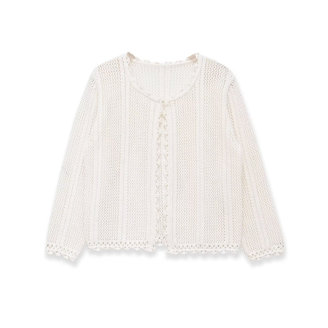 Damen gehäkelte Ajour-Strickjacke mit Häkelspitzenbesatz Drune