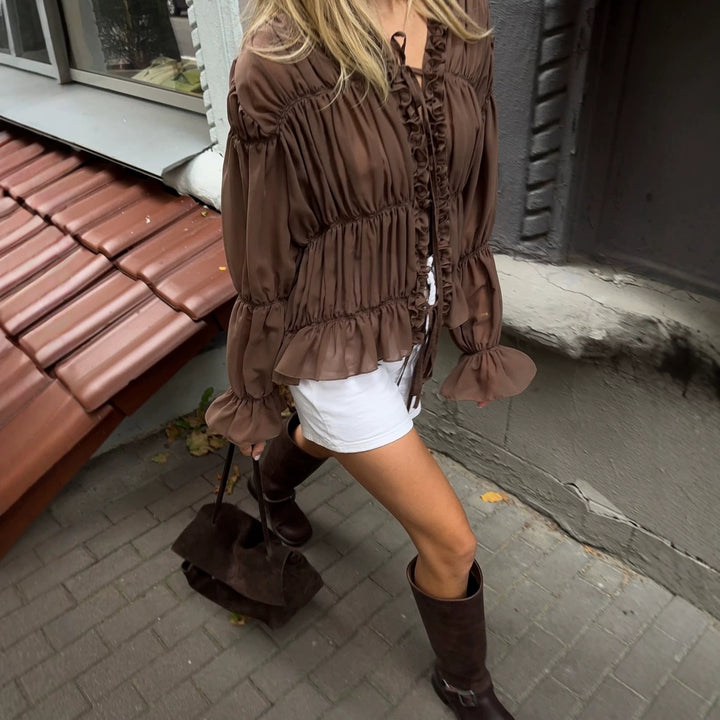 Damen Chiffon-Bluse mit Rüschen, Kordelzug und geraffter Taillenoptik Drune