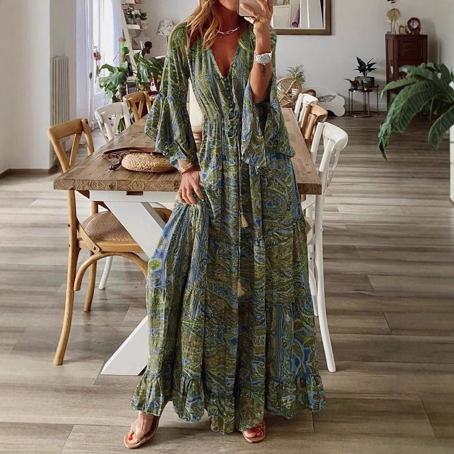 Damen Boho Maxikleid mit Paisley-Print, V-Ausschnitt, Stufenrock und Bindegürtel Drune