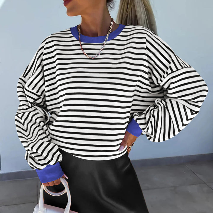 Damen lässiges gestreiftes Sweatshirt mit Boxy-Schnitt und kontrastierenden Abschlüssen Drune