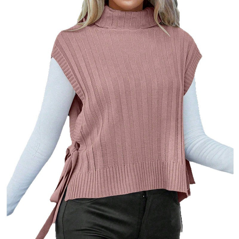 Damen Kurzarm Strick-Oberteil mit rollkragen und Schleifendetails Drune