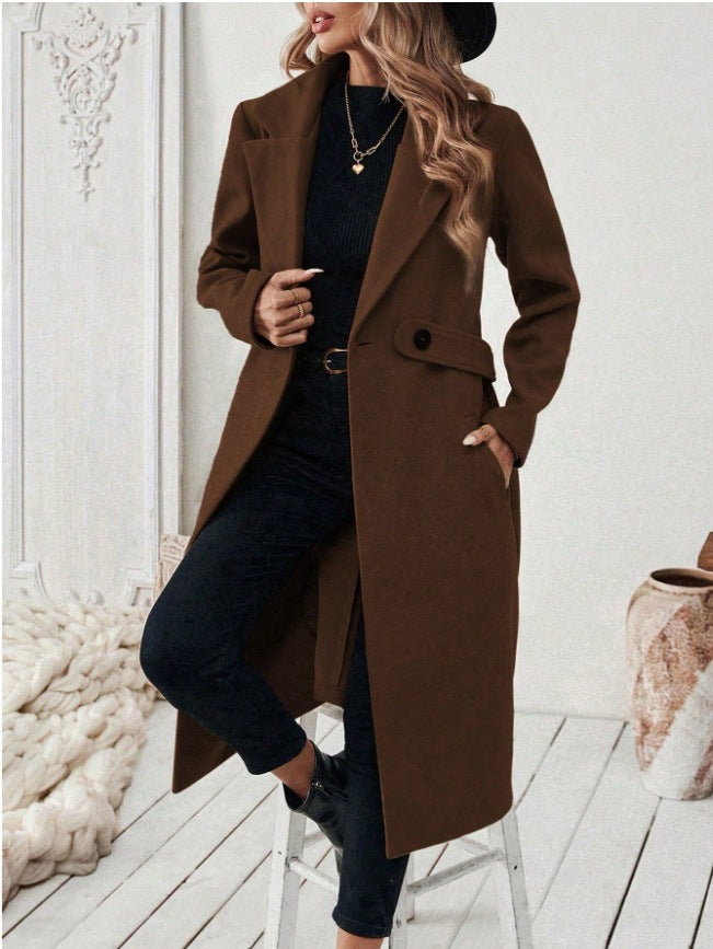Damen Longline-Mantel mit Reverskragen und Pattentaschen-Detail Drune