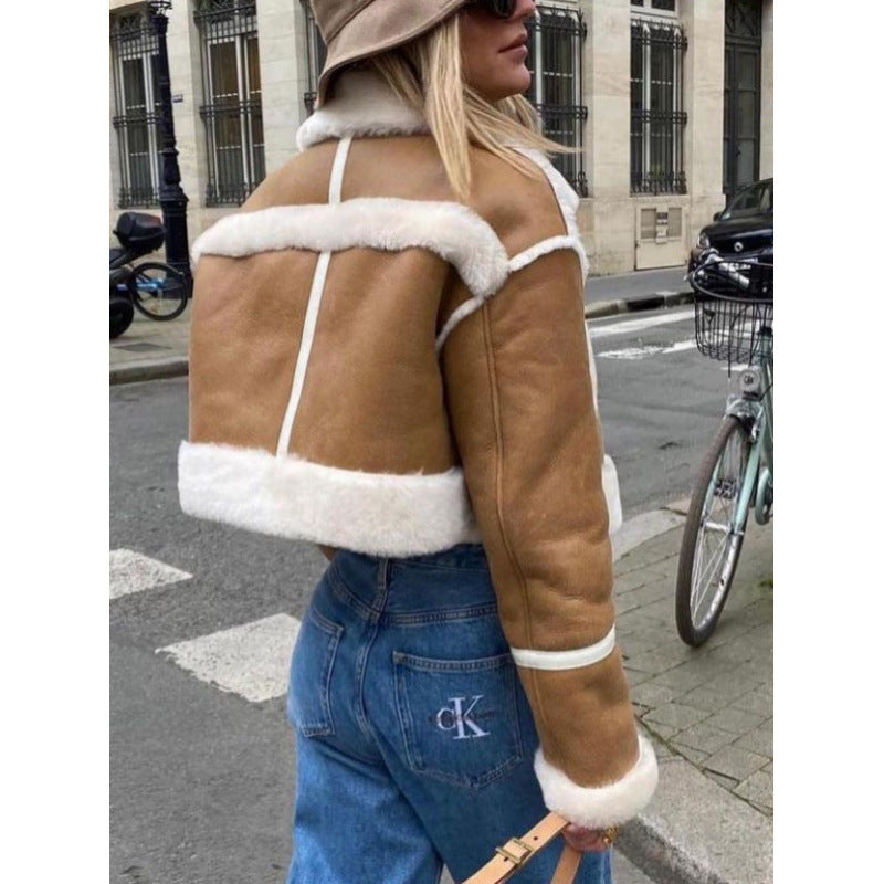 Damen kurze Lederjacke mit kunstpelzbesatz Drune