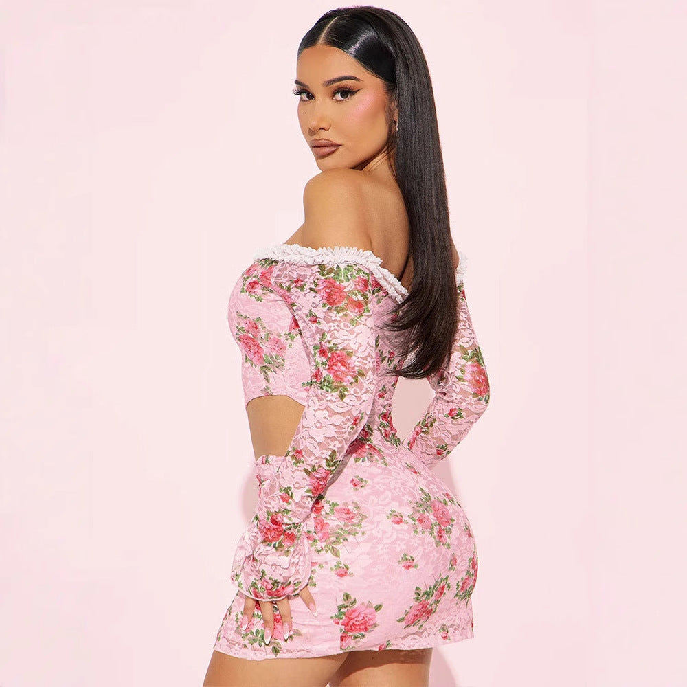 Damen Off-Shoulder Blusenkleid mit floralen Akzenten und asymmetrischem Design Drune