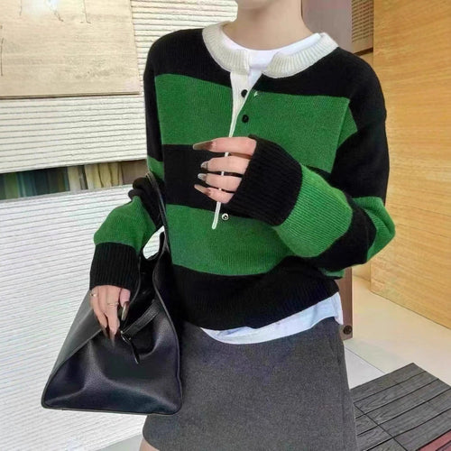 Damen kurzärmliger Strickpullover mit Knopfleiste und Kontraststreifen Drune