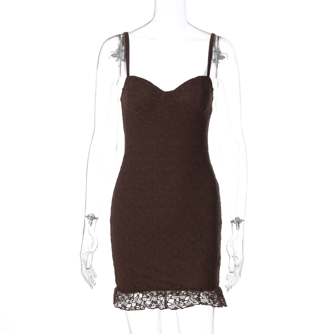Damen figurbetontes Spitzenkleid mit verführerischem Bustier-Ausschnitt und dekorativem Saum Drune