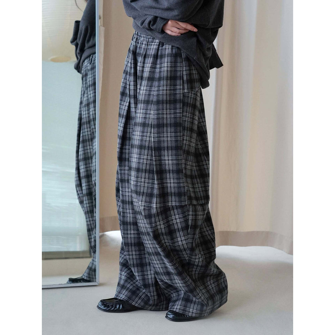 Damen Weite karierte Palazzo-Hose mit Bundfalten und elastischem Bund Drune