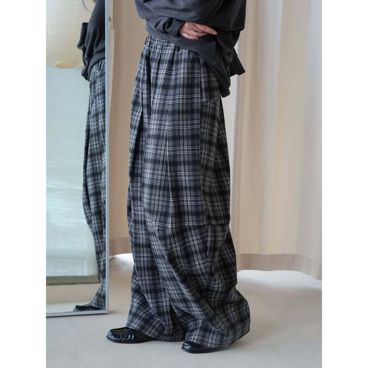 Damen Weite karierte Palazzo-Hose mit Bundfalten und elastischem Bund Drune