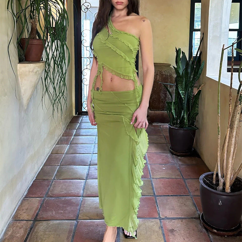 Damen hochgeschlossenes Maxikleid mit asymmetrischem Rüschendesign und eleganter Drapierung Drune