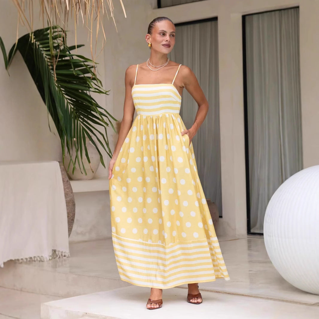 Damen Maxikleid mit gerafftem Oberteil und verspieltem Punkt- und Streifenmuster Drune