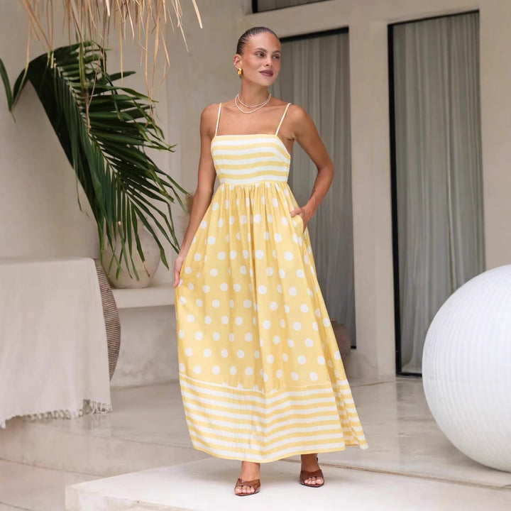 Damen Maxikleid mit gerafftem Oberteil und verspieltem Punkt- und Streifenmuster Drune