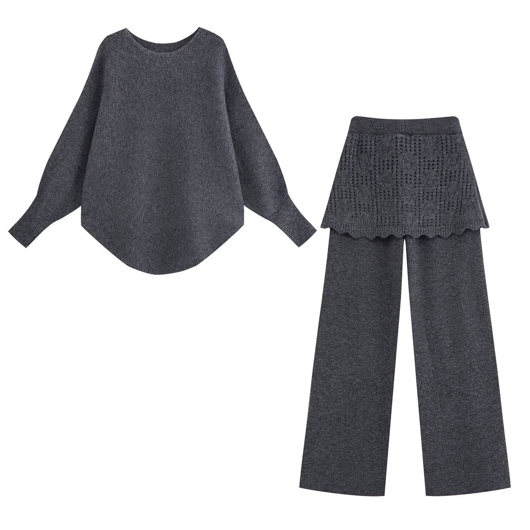 Damen Zweiteiliges Strick-Set mit Oversize-Pullover, Lochmuster-Miniüberrock und weiter Palazzohose Drune
