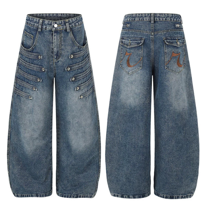 Damen Weite Denim-Palazzo-Jeans mit dekorischen Riegelnähten und Zierknopf-Details Drune