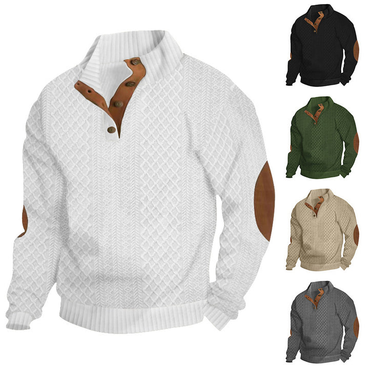 Herren Strukturiertes Zopfmuster-Henley-Pullover mit Lederbesatz an Ellbogen & Knopfleiste Drune
