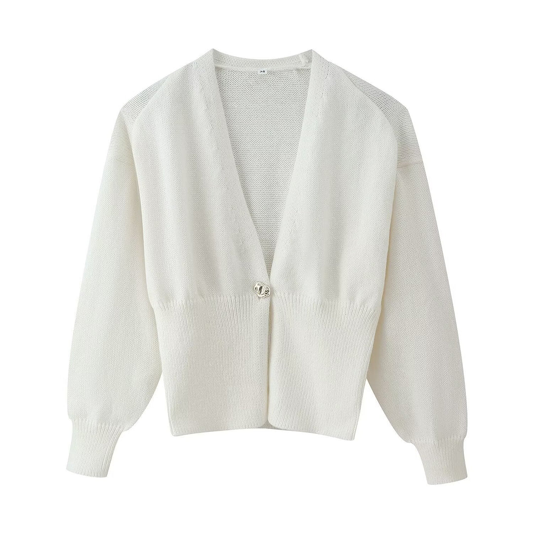 Damen Kurze V‑Ausschnitt Strickjacke mit Ballonärmeln und Zierknopf Drune