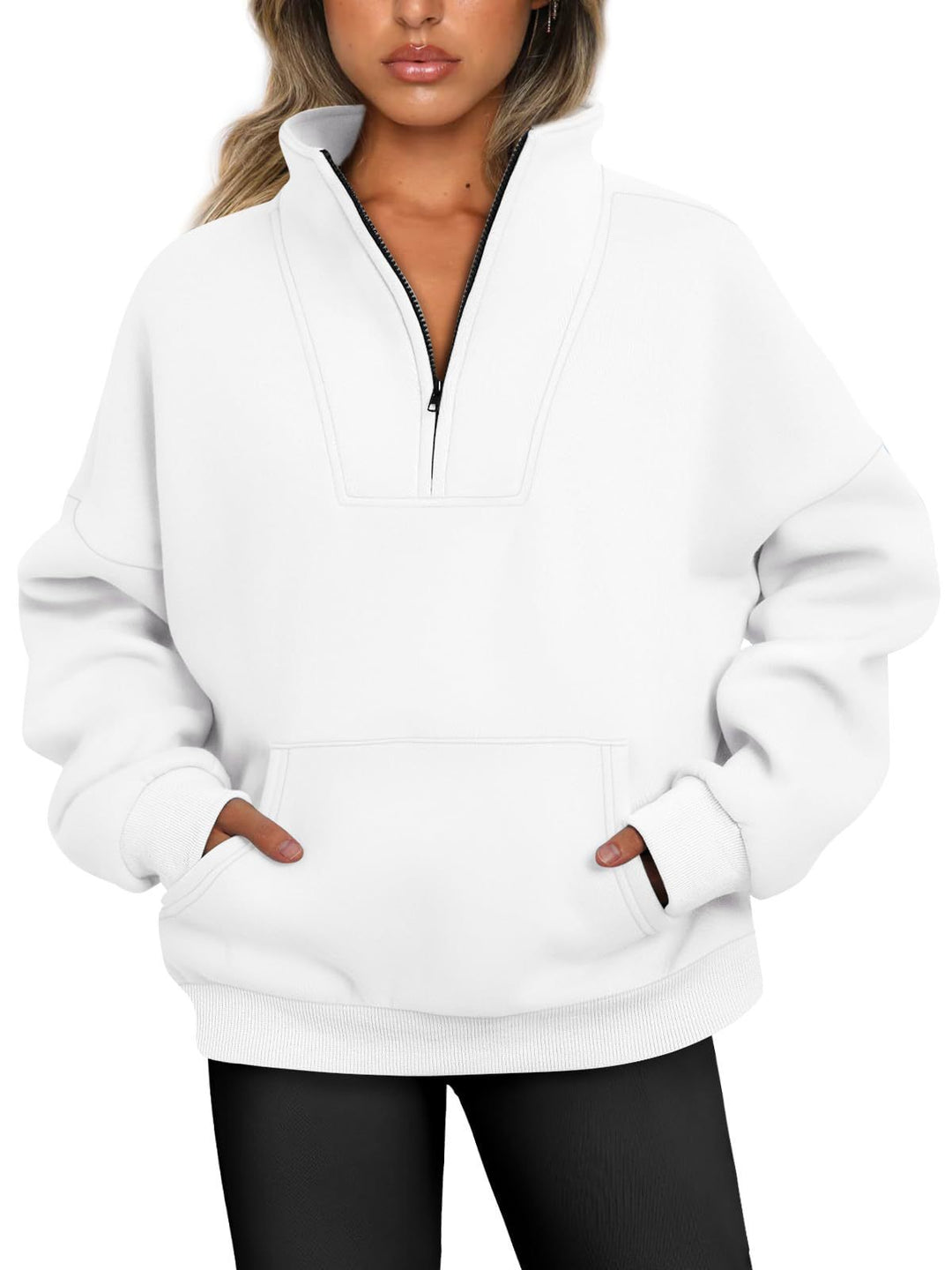 Damen nan oversized Halbzip-Hoodie mit hohem Stehkragen, Kängurutasche und gerippten Bündchen Drune