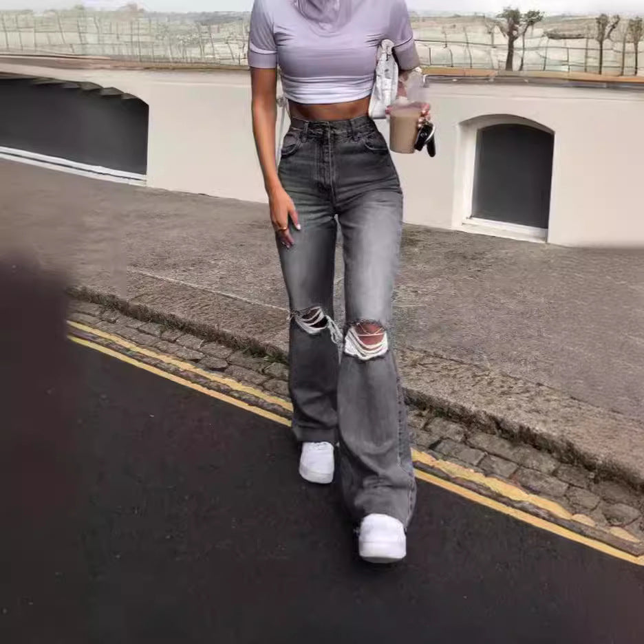 Damen Vintage Schlagjeans mit modischen Rissdetails und hohem Bund Drune