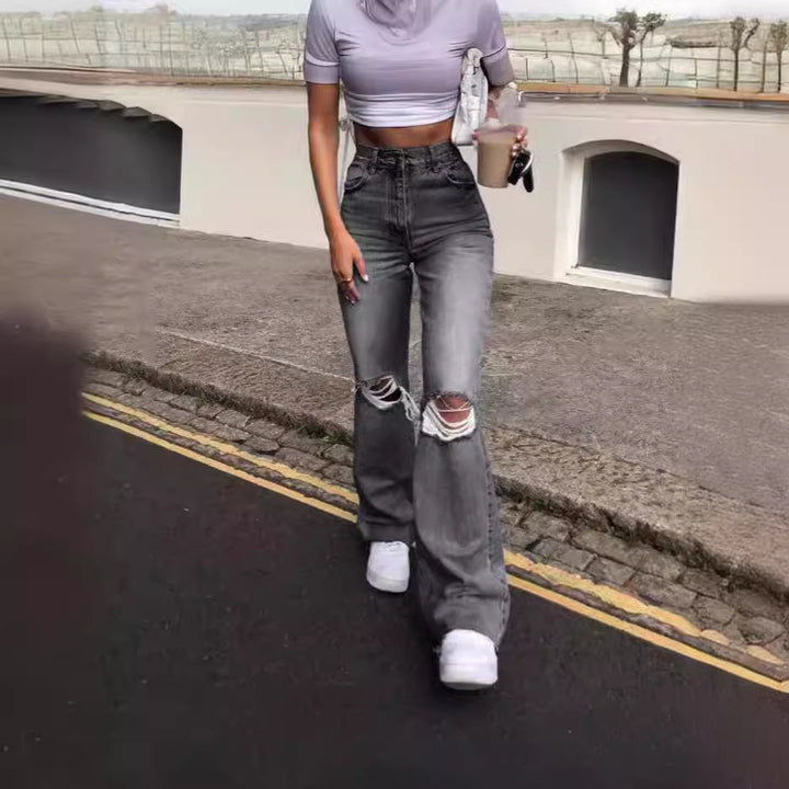 Damen Vintage Schlagjeans mit modischen Rissdetails und hohem Bund Drune