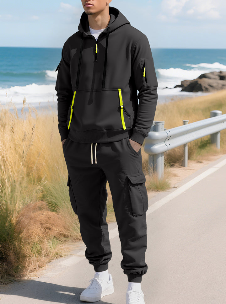 Herren nan lässiger Halbzip Hoodie mit Kängurutasche und Cargo Jogginghose mit Reißverschlussdetails Drune