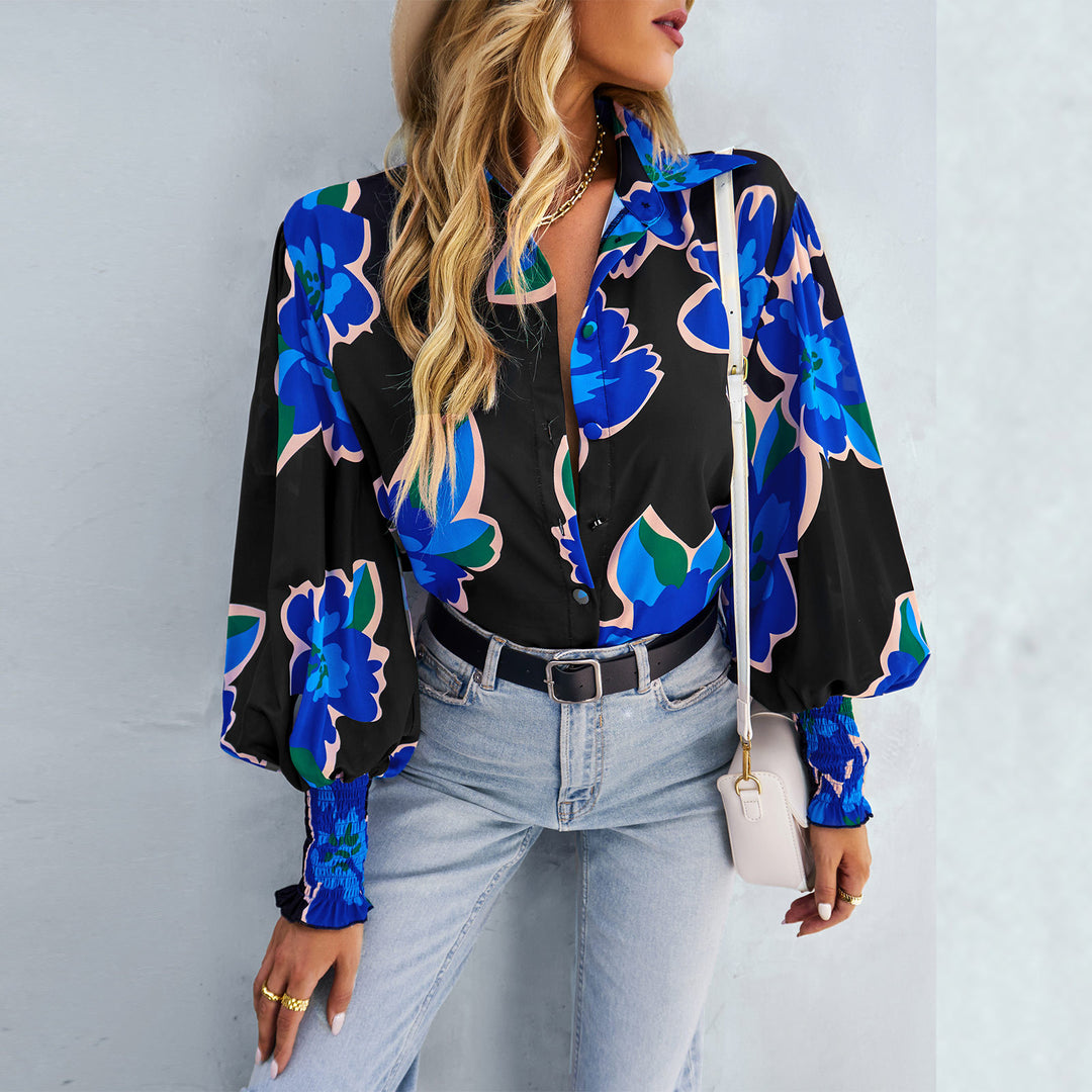 Damen nan lockere Hemdbluse mit floralem Alloverprint, Seidenoptik, smockärmeln und geknöpfter Vorderleiste Drune