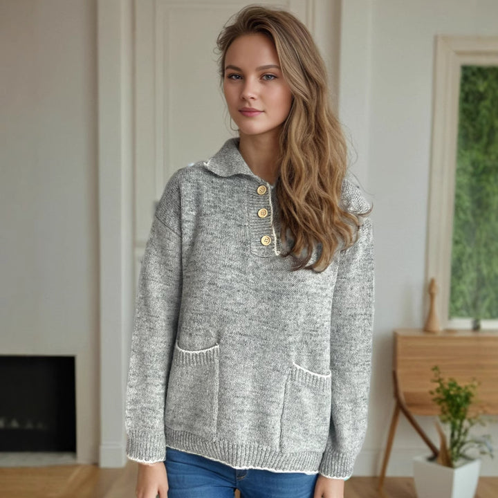 Damen lässiger Strickpullover mit Knopfleiste und aufgesetzten Taschen Drune